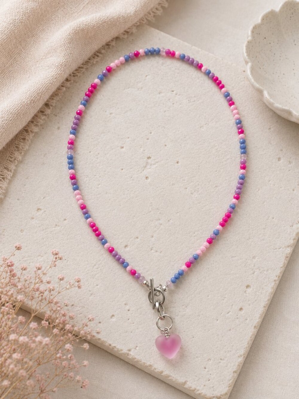 Pink Purple and Blue Faceted Necklace with Removable Heart Charm